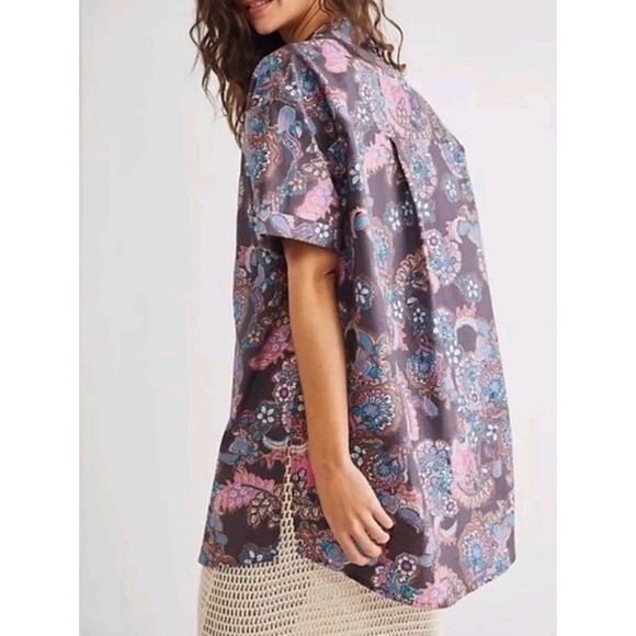 Free People We The Free Poolside Printed Boyfriend Button Down Paisley Top Sz M - Picture 2 of 14
